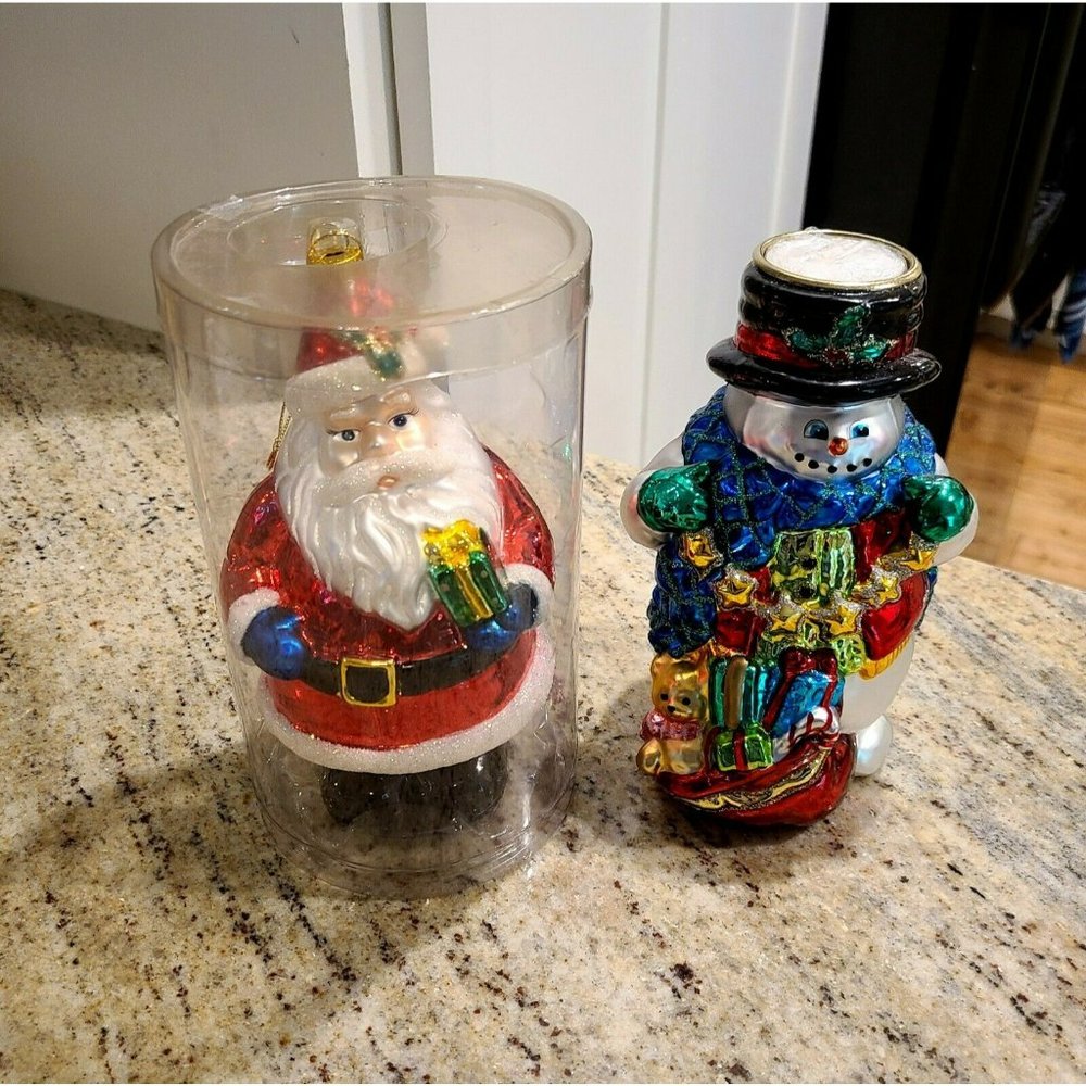 7" Tall Blown Glass Snowman Tealight Candle Holder & Blown Glass Santa Ornament